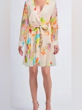 Anna Molinari Cream Floral Tie-Waist Long Sleeve Dress